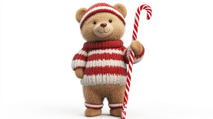 Cute teddy bear in a cozy red and white striped sweater, holding a candy cane. Perfect for Christmas and holiday themes.