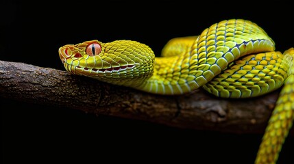 Fototapeta premium The Yellow White-lipped Pit Viper (Trimeresurus insularis) closeup on branch with black background, Yellow White-lipped Pit Viper closeup 