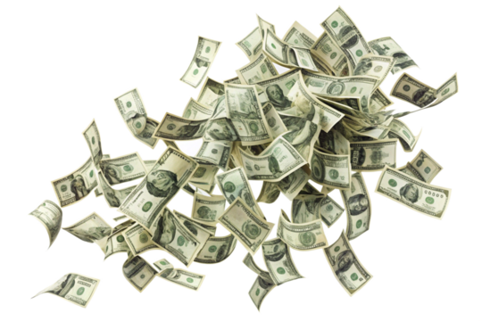 Money scattered on the desk. Money, US dollar bills background. Photography for Finance and Economy concepts. isolated on a white background