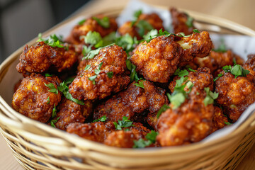 Fototapeta premium Crispy air fryer cauliflower bites garnished with fresh herbs served in a woven basket