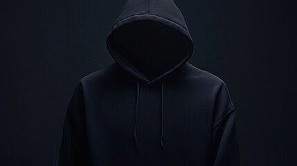 Hooded figure in black hoodie, face obscured, dark mysterious background