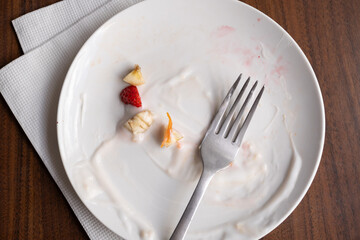 Plato vacío terminando de desayunar con tenedor y restos de yogurt y fruta
