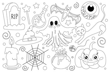 Coloring page is a set of Halloween elements and magical items, sinister and cute characters pumpkin and ghost, magic potion and spider webs, bat and witch's hat.