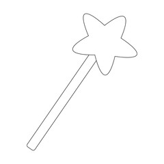 Coloring book simple magic wand with star, fairytale object of fairies and sorceresses, wish fulfillment and spells, doodle style, black and white
