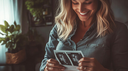 Closeup of a pregnant woman in her 40s smiling while holding ultrasound images, captured in a warm and inviting home setting, pregnancy excitement, mature expectant mom