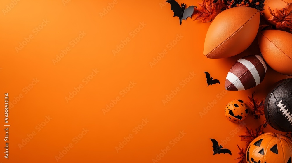 Wall mural Festive Halloween decorations featuring footballs, bats, and jack-o-lanterns, symbolizing spooky fun, sports, autumn, tradition, and celebration.