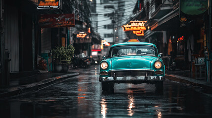 Vintage car against the backdrop of neon signs in 80s style