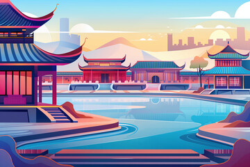 Fototapeta premium flat vector illustration of an ancient Chinese courtyard with a central pond, elegant pavilions, and traditional architecture