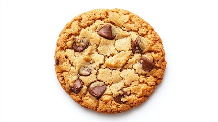   A chocolate chip cookie on a white background with a bite taken out