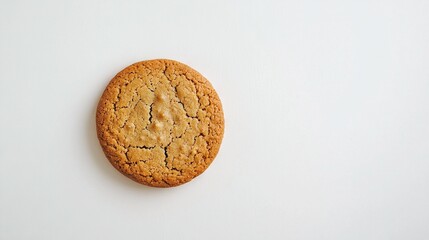   A cookie with a bite taken out sitting atop a white table next to the wall