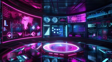 Futuristic Control Room with Neon Lights and Data Displays
