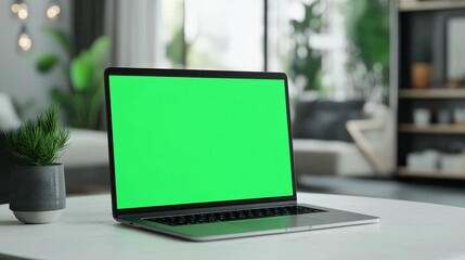 Laptop with green screen, chroma key mock up is on the table. Computer display close-up. Business mockup empty blank space. Modern gadget is on white table in horizontal position