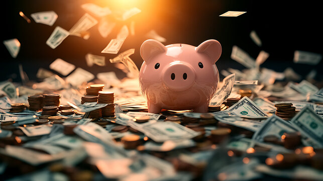 A pink piggy bank stands amidst a pile of money, with bills and coins scattered around it.