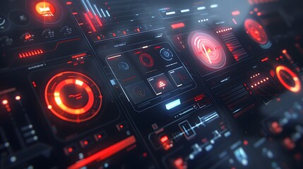 Futuristic Red and Blue Interface with Digital Gauges and Data