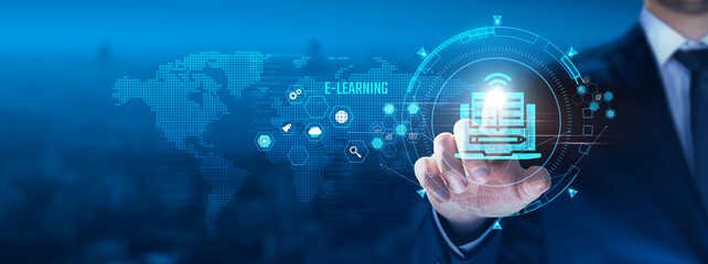 E-learning concept: Businessman touching education icon on virtual interface, interactive platforms, accessibility, personalized learning, collaborative tools, digital resources.