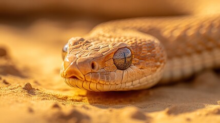 Desert snake with golden scales blending into the sand, eyes focused forward