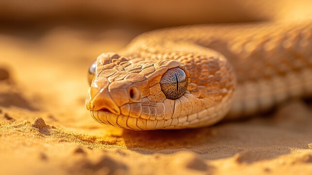 Desert snake with golden scales blending into the sand, eyes focused forward