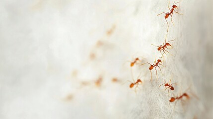 Naklejka premium Red ants climb wall with water droplets