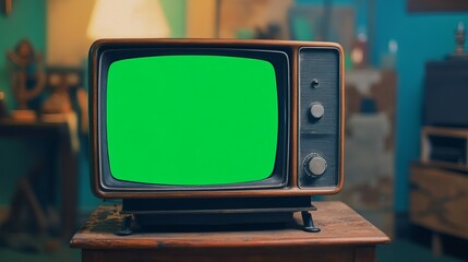 Retro vintage TV with green screen or chroma key background.