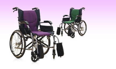 black and violet, black and green wheel chair on white background, object,  comfortable, travel,...