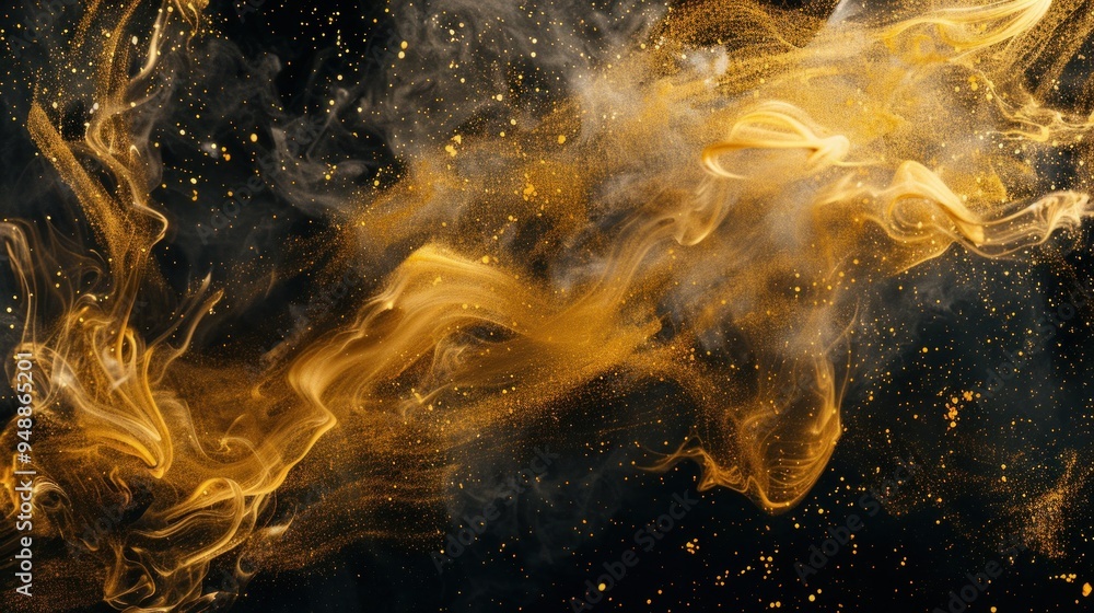 Wall mural Golden sparkling abstract background, luxury black smoke, acrylic paint underwater explosion, cosmic swirling ink 