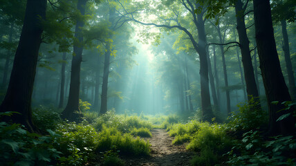 Obraz premium Enchanted Forest Pathway in Misty Morning Light