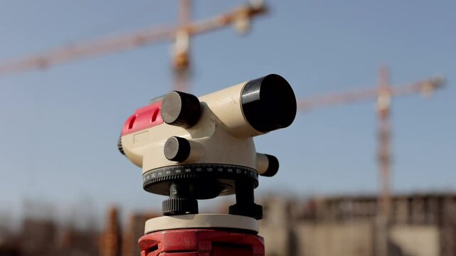 Construction level survey camera in slow motion. Elevation mark in construction work. Geodetic instrument