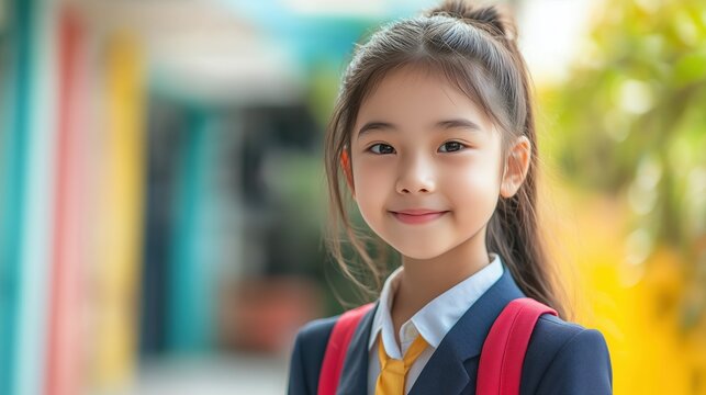 Smiling young asian girl in school uniform with backpack standing outside. Blurred background with space for text