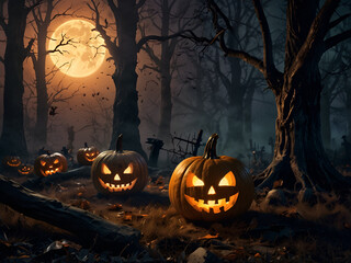 Spooky Halloween scene: foggy forest, glowing lantern, tombstones, eerie moonlight.