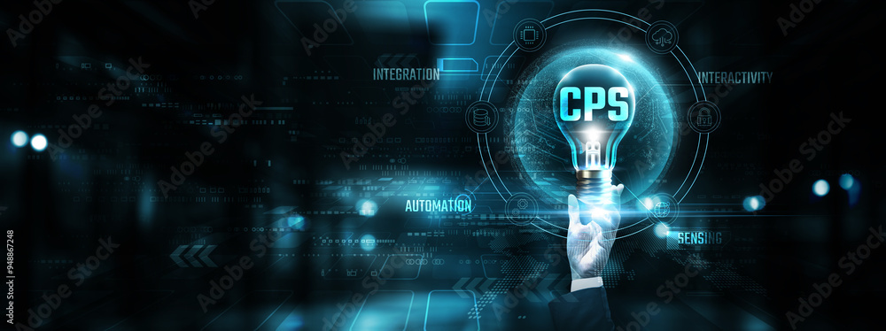 Poster cps: hands of businessman holding light bulb and cps with data network digital technology. automatio