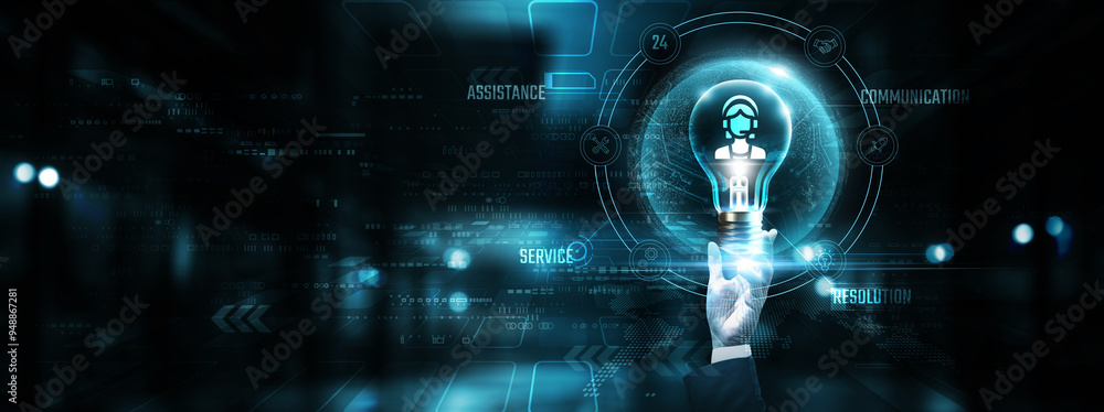 Poster customer support: hands of businessman holding light bulb and customer support icon with data networ
