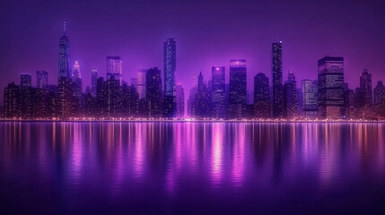 Fototapeta premium cityscape at night, featuring glowing neon lights, towering skyscrapers, and futuristic architecture. The scene captures an urban landscape with a dynamic, tech-inspired atmosphere