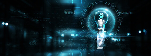 Customer Support: Hands of businessman holding light bulb and customer support icon with data...