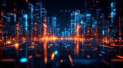 Fototapeta premium cityscape at night, featuring glowing neon lights, towering skyscrapers, and futuristic architecture. The scene captures an urban landscape with a dynamic, tech-inspired atmosphere