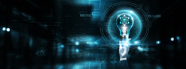 Data Science: Hands of businessman holding light bulb and data science icon with data network digital technology. Analytics, machine learning, data visualization, innovation.