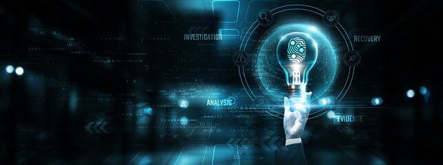 Digital Forensics: Hands of businessman holding light bulb and digital forensics icon with data...