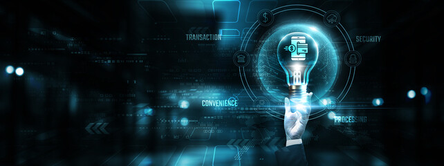 Digital Payments: Hands of businessman holding light bulb and digital payments icon with data network digital technology. Security, convenience, transactions, innovation.