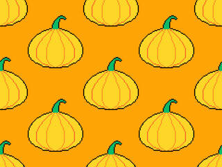 Pixel pumpkins seamless pattern. Autumn background with pumpkins in 8-bit retro graphic style of the 80s. Design for wrapping, packaging, wallpaper and banners. Vector illustration