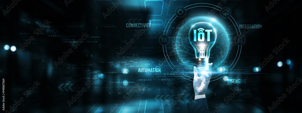 Poster iot: hands of businessman holding light bulb and iot icon with data network digital technology. conn