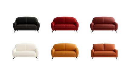 Set of black, brown, white, orange, red, pink sofas isolated on transparent background