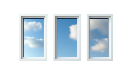 Set  of windows with blue sky and white clouds isolated on transparent background
