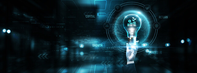 Investment: Hands of businessman holding light bulb and investment icon with data network digital technology. Capital growth, portfolio management, risk assessment, innovation.