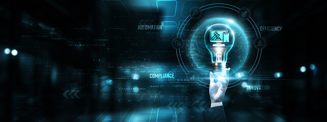 Legal Technology: Hands of businessman holding light bulb and legal technology icon with data network digital technology. Compliance, automation, efficiency, innovation.
