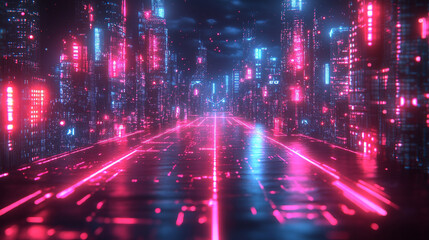 cityscape at night, featuring glowing neon lights, towering skyscrapers, and futuristic architecture. The scene captures an urban landscape with a dynamic, tech-inspired atmosphere