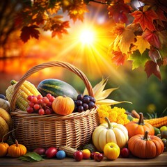Autumn basket with fruit and vegetables