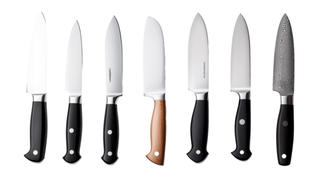 Set of assorted kitchen knives isolated on transparent background