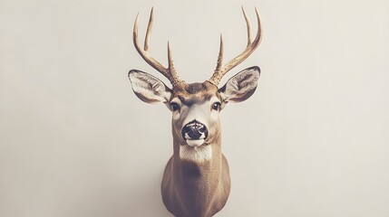 A beautifully mounted deer head with intricate taxidermy details, set against a light solid color background, emphasizing its lifelike features
