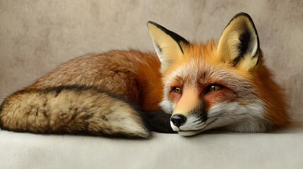 Obraz premium A realistic fox taxidermy piece, showcasing vibrant fur textures and expressive eyes, positioned on a light solid color backdrop