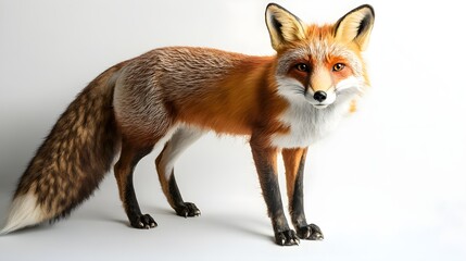 Fototapeta premium A realistic fox taxidermy piece, showcasing vibrant fur textures and expressive eyes, positioned on a light solid color backdrop