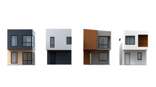 Set of different modern houses isolated on transparent background